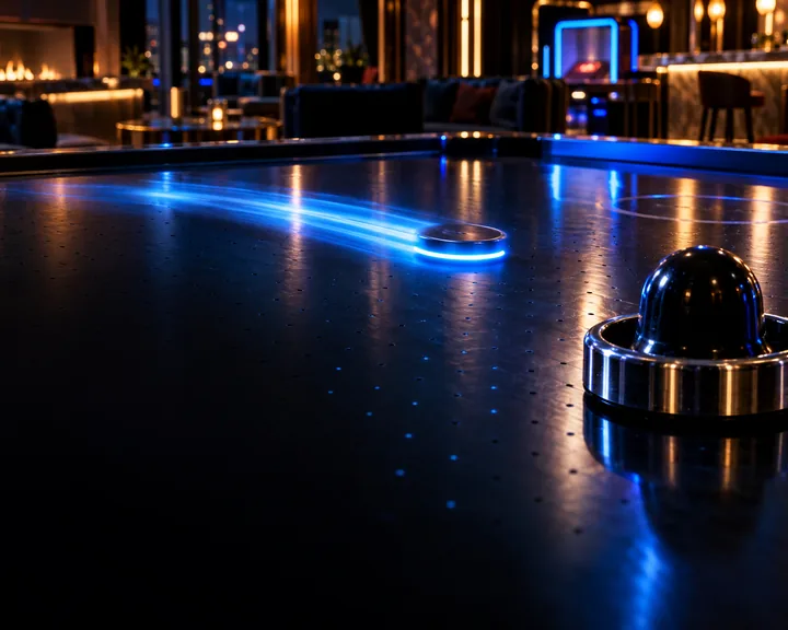 An air hockey puck streaking blue across a dark table