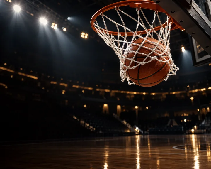A basketball dropping through the net under arena lights