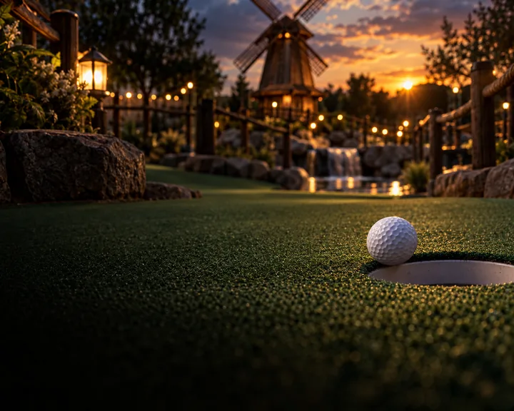 A golf ball on the lip of the cup at dusk, a windmill behind