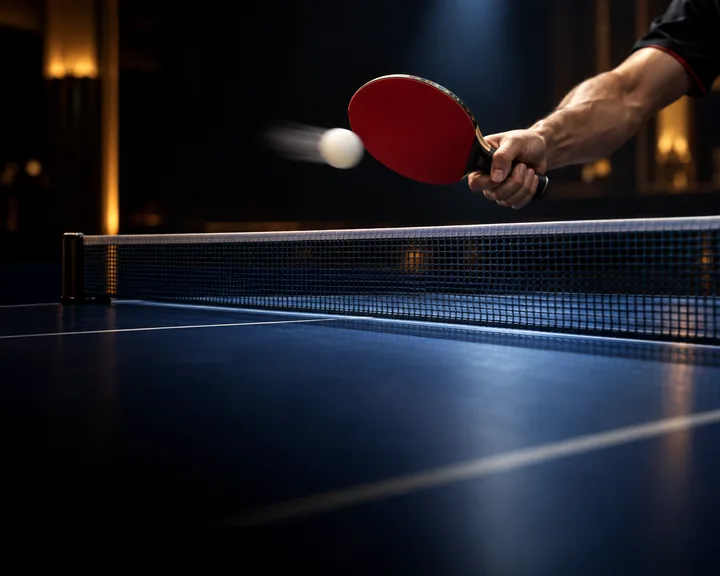 A paddle smashing the ball over the net under a spotlight